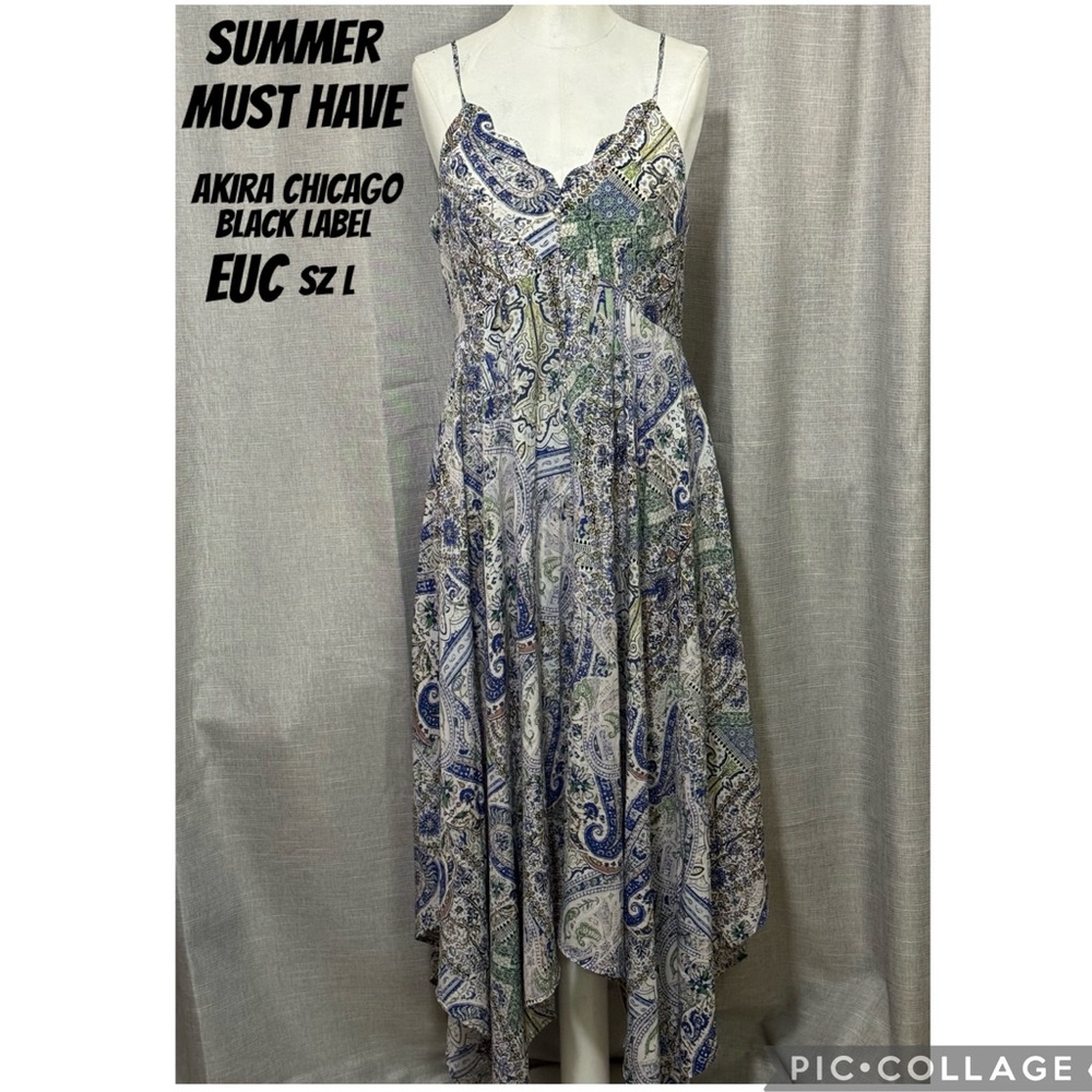 Gorgeous Summer Dress-Akira Chicago”Black Label”Sz L-Strappy-Paisley-Blue Hues